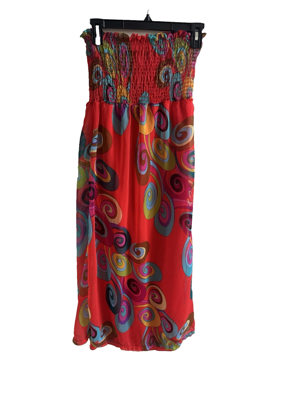 Vintage Y2K A'GACI Juniors S Tube Dress Red Peacock Swirl Strapless Smocked Boho
